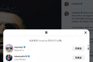 C罗自宣退出集训动态：内马尔、莫德里奇点赞，当前已超700万点赞